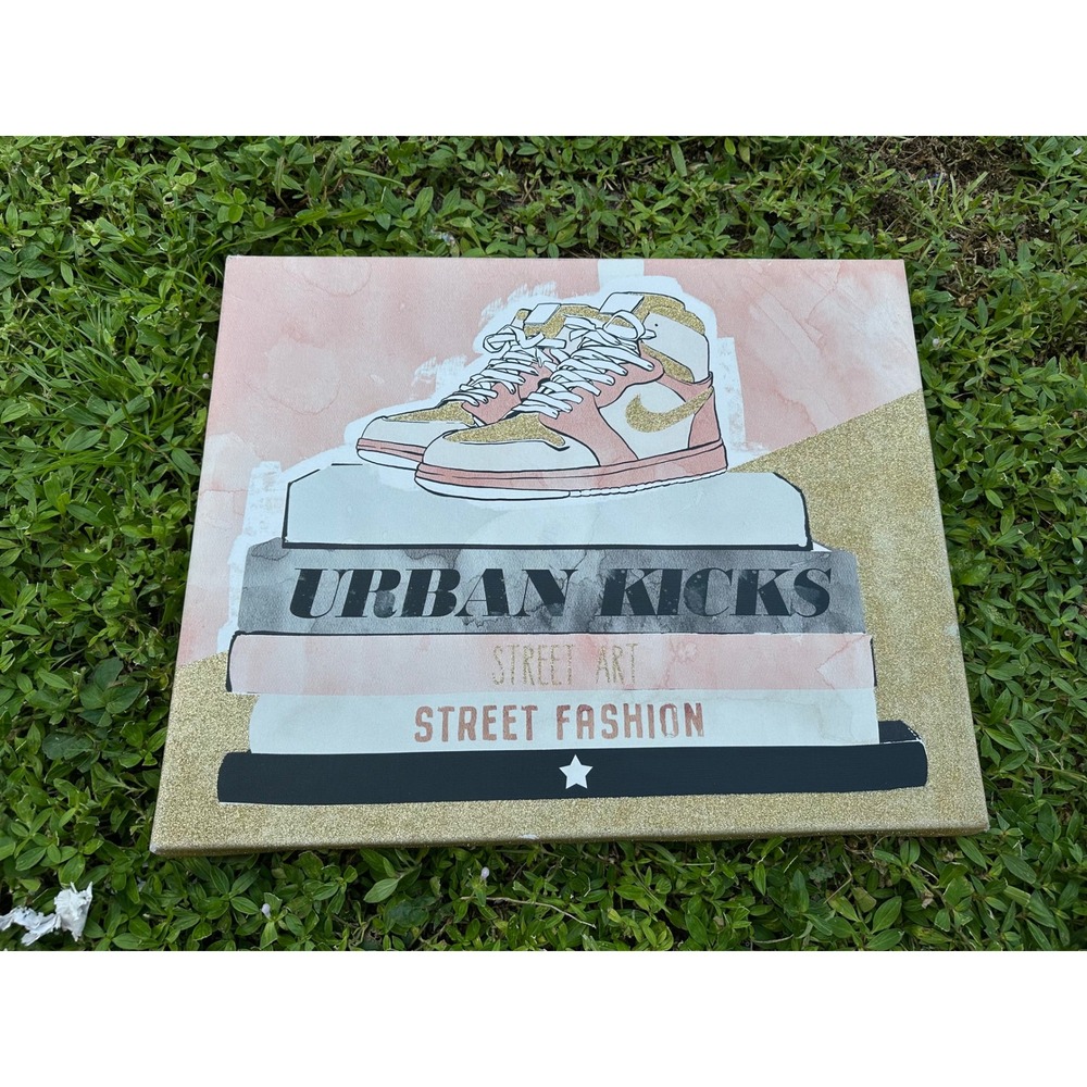 Urban Kicks Street Art Fashion Sneaker Canvas Wall Decor Gold Glitter 16x20